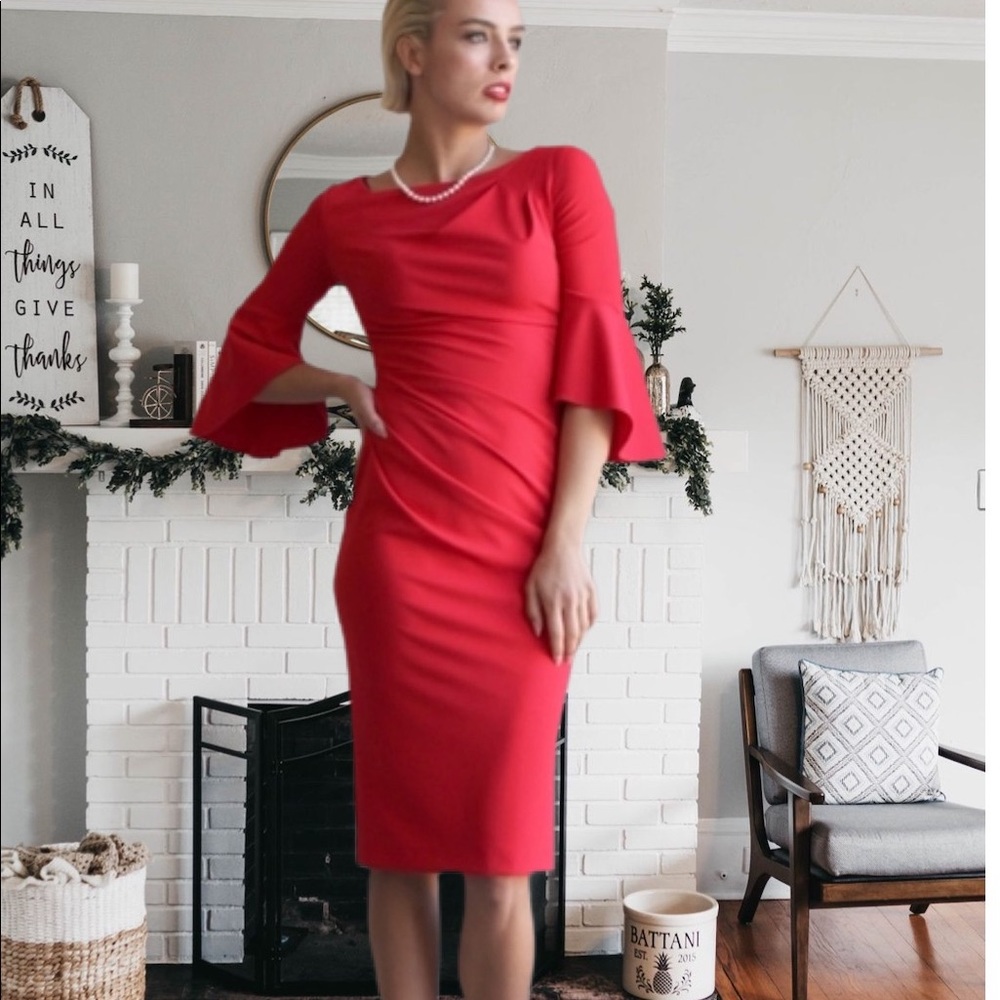 Joseph Ribkoff lipstick red dress with 3/4 bell sleeves!! ❤️❤️🎄🎄🍷🍷